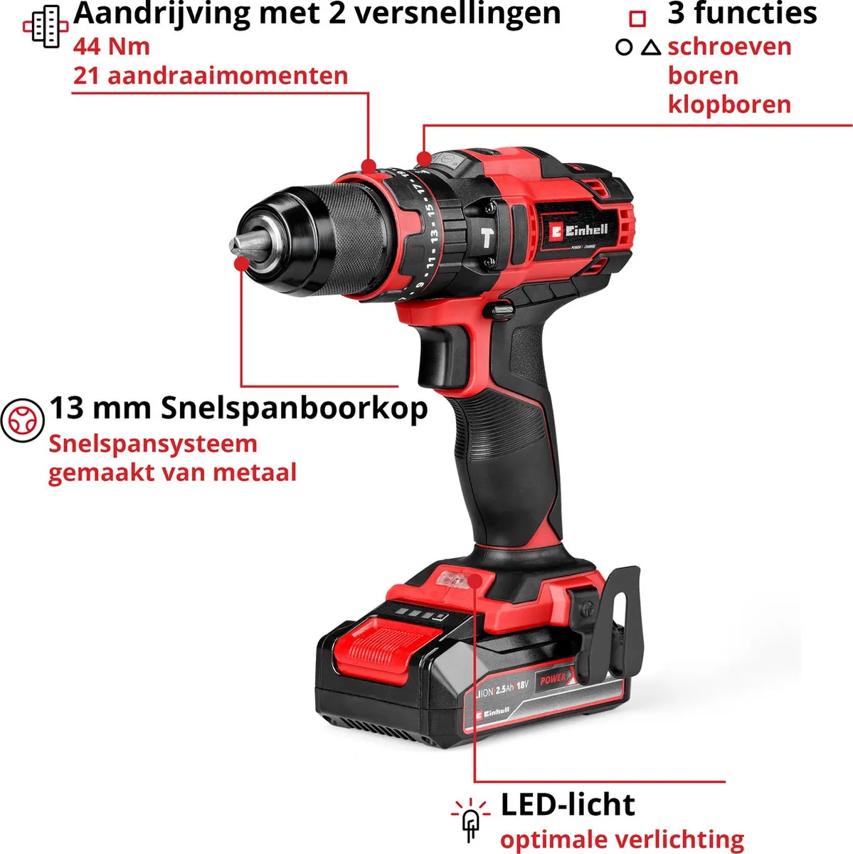 Einhell TE-CD 18/44 Li-i Accu Klopboor/Schroefmachine - 18V - 44Nm - 2 Snelheden