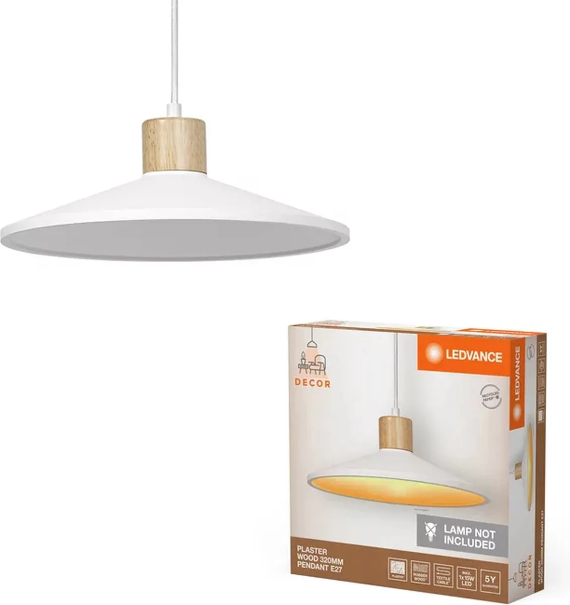 LEDVANCE Decor Plaster Wood Pendant E27 - 32cm - Wit