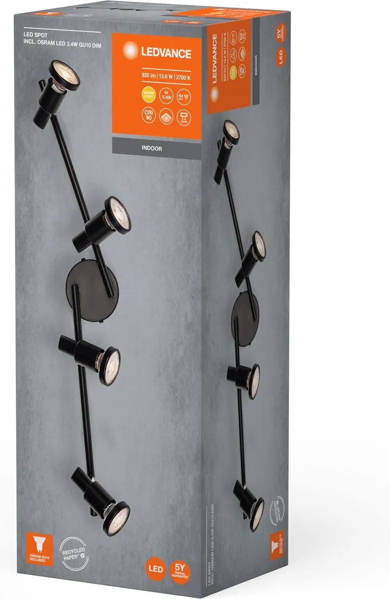 LEDVANCE LED Spot GU10 Black 4x3,4W - 920lm - 2.700K - Zwart