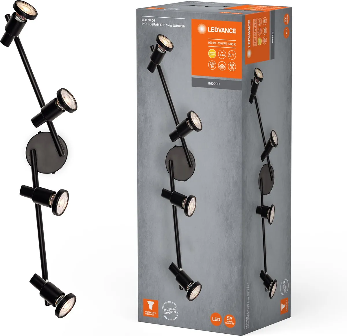 LEDVANCE LED Spot GU10 Black 4x3,4W - 920lm - 2.700K - Zwart
