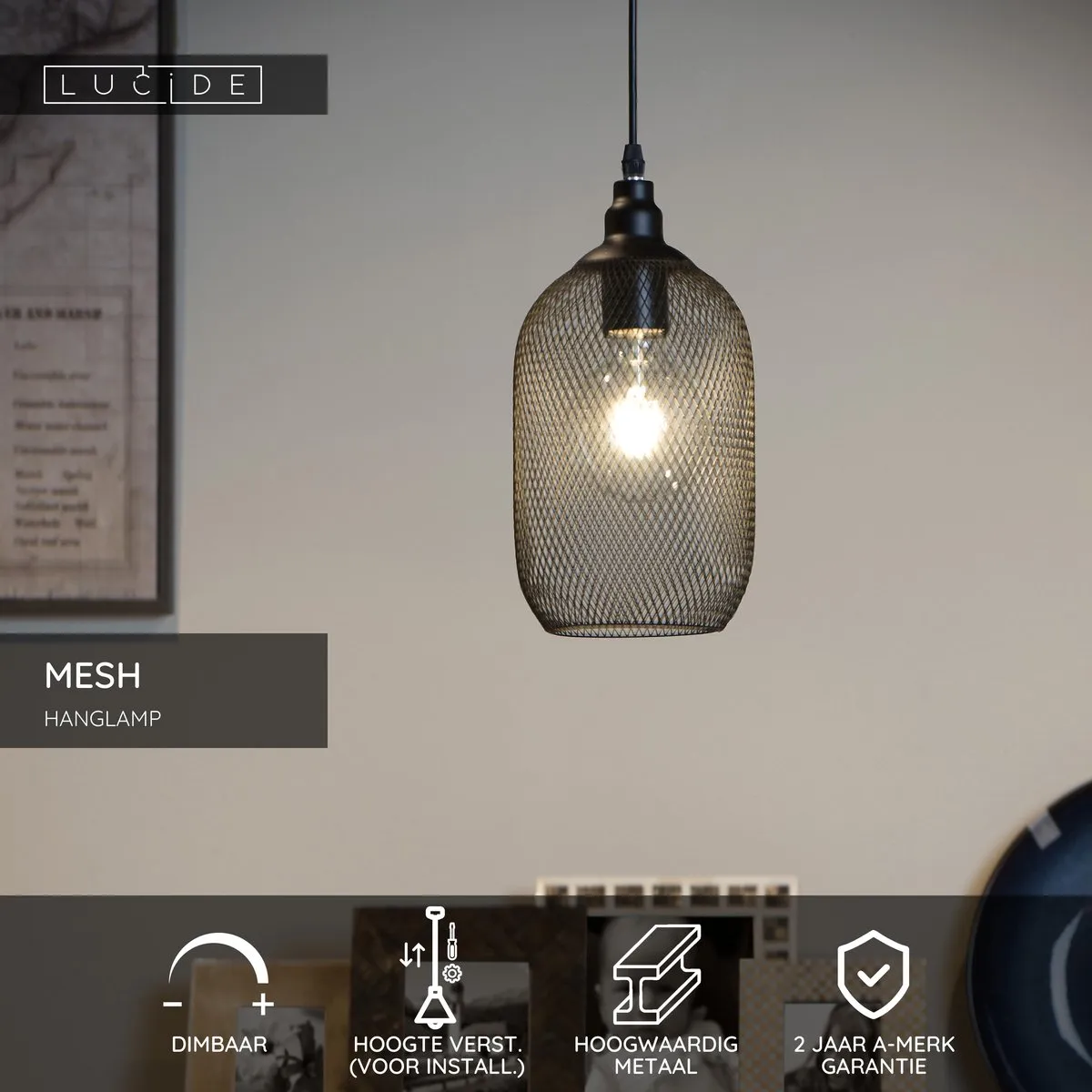 Lucide Mesh Hanglamp Ø15cm - 1xE27 - Zwart
