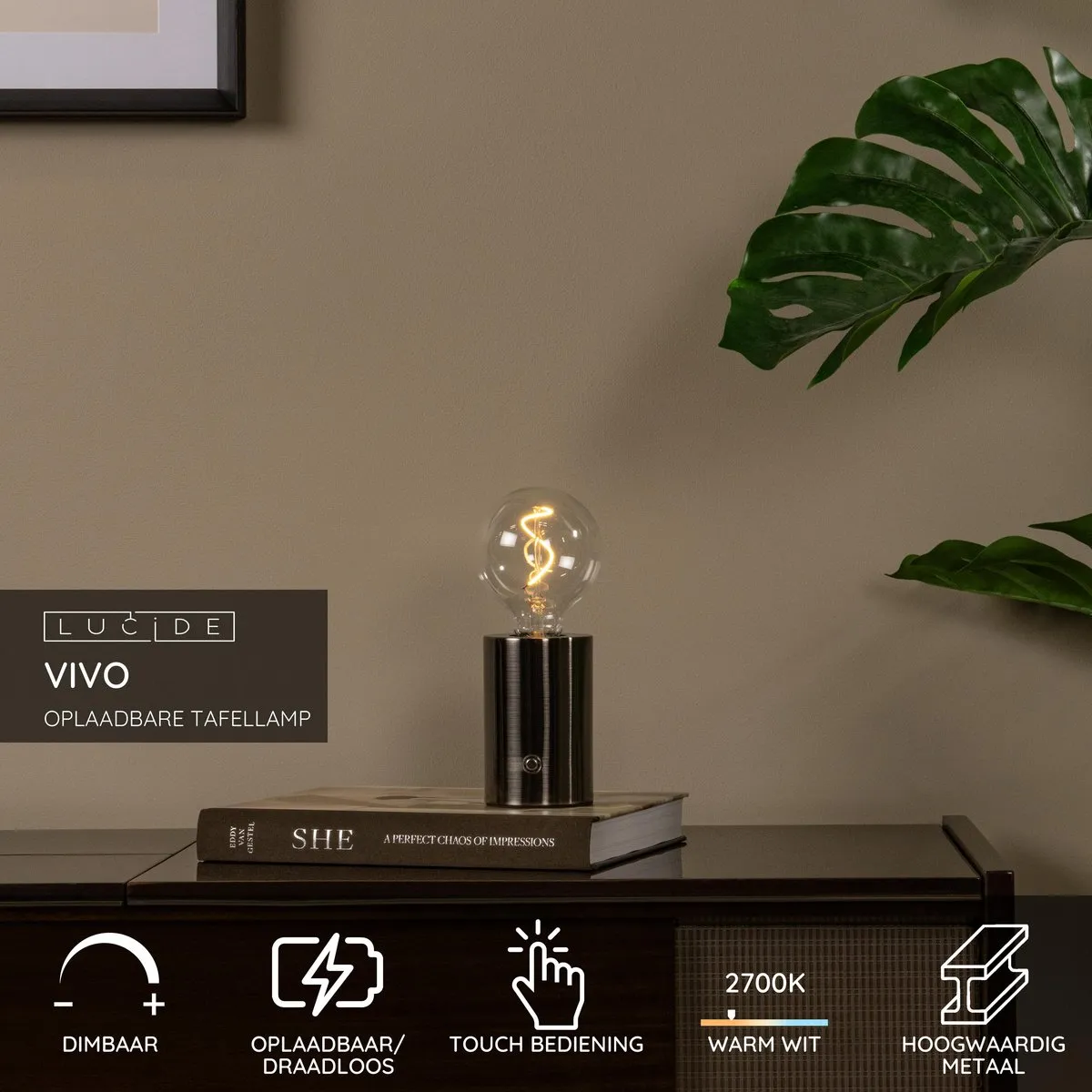 Lucide VIVO Oplaadbare LED Tafellamp E27 1W - Mat zwart chroom