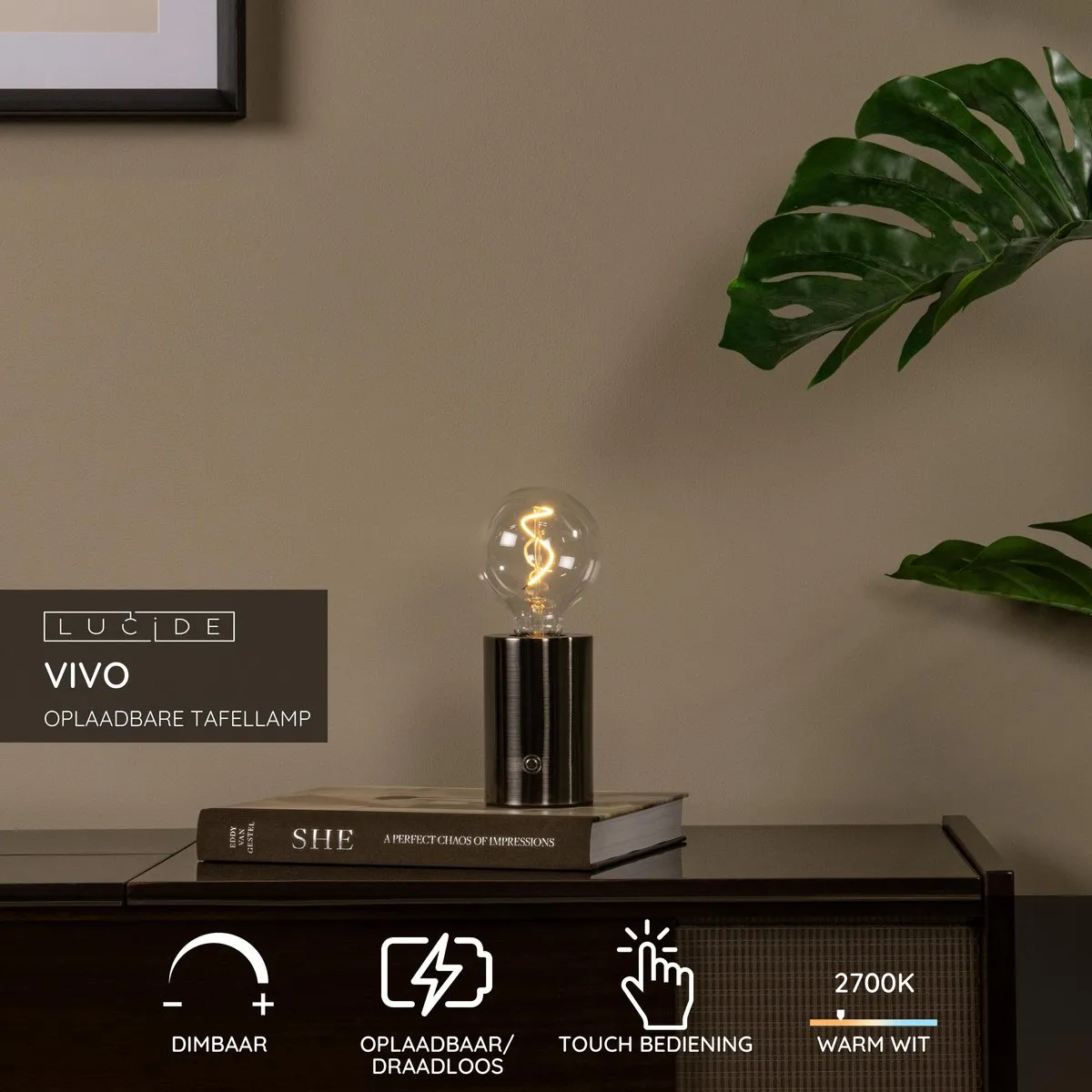 Lucide VIVO Oplaadbare LED Tafellamp E27 1W - Mat zwart chroom