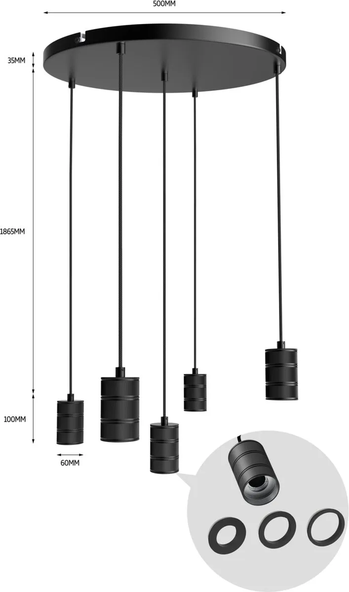 Calex Retro Plafondlamp - 5x E27 - Hanglamp Industrieel - Ø50cm Pendellamp Rond - Zwart