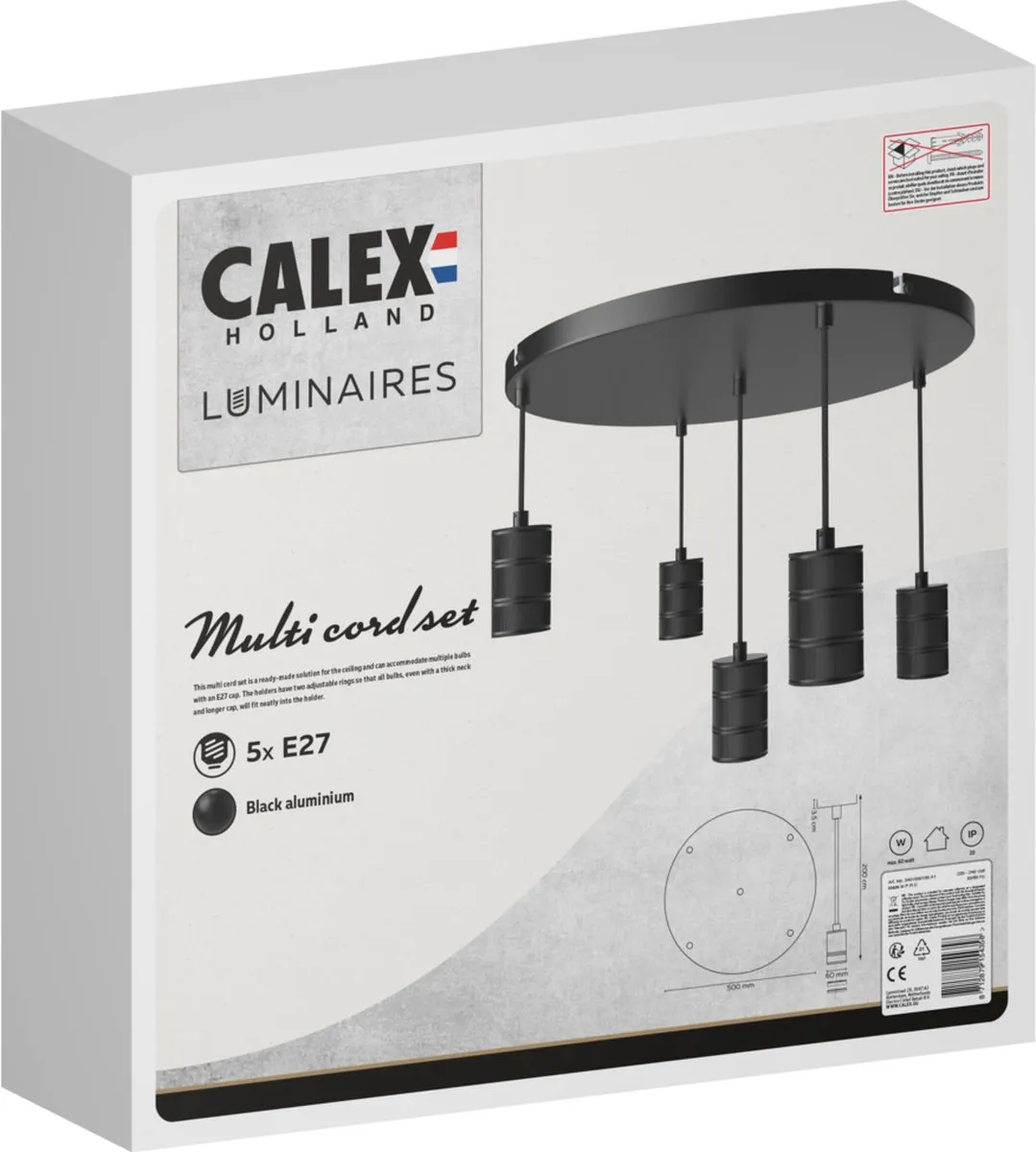 Calex Retro Plafondlamp - 5x E27 - Hanglamp Industrieel - Ø50cm Pendellamp Rond - Zwart