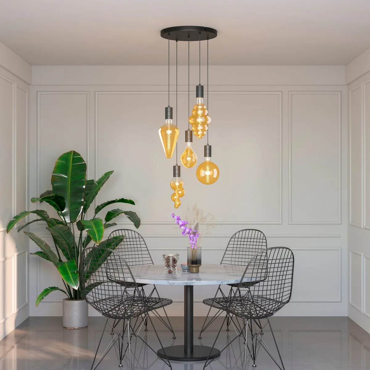 Calex Retro Plafondlamp - 5x E27 - Hanglamp Industrieel - Ø50cm Pendellamp Rond - Zwart