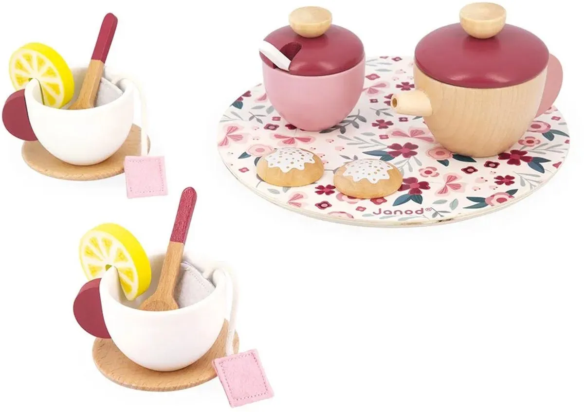 Janod Twist Theeservies - 16-delig Hout/Vilt Bloemmotief