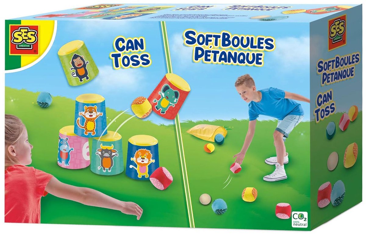 SES - Blikgooien en soft jeu de boules - 2-in-1 spellen - stevige kunststof bekers en zachte ballen - in handige bewaartas