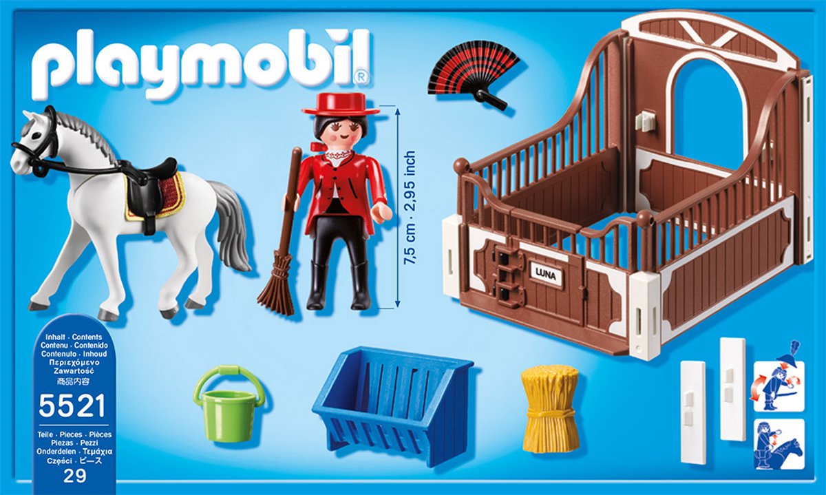 Andalusiër met wit-bruine paardenbox / Cheval Andalou et écuyère