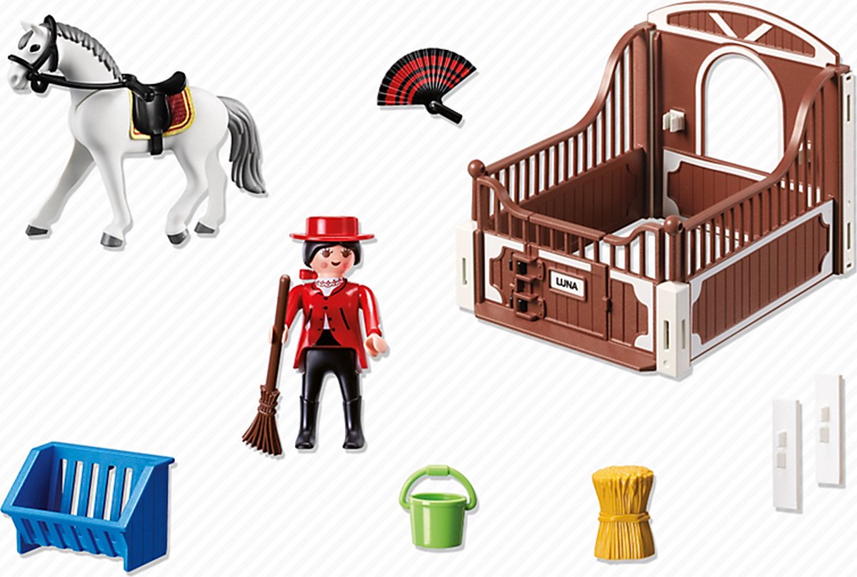 Andalusiër met wit-bruine paardenbox / Cheval Andalou et écuyère