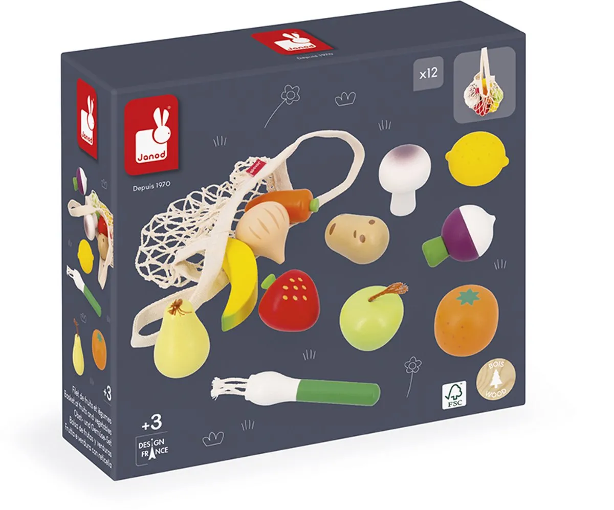 Janod | Set van 12 Fruit en Groenten Net Glimmende Oma