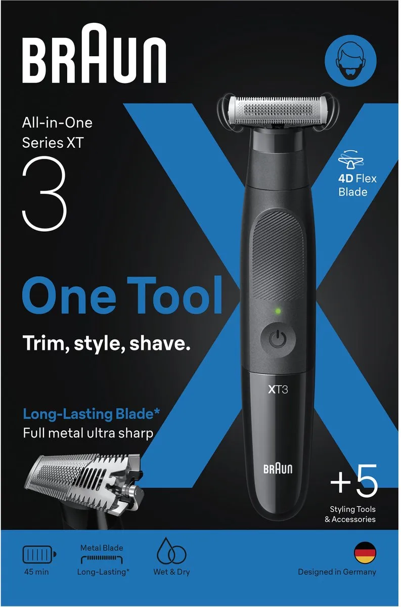 Braun All-in-One Series X XT3100 Trimmer - 4D Flex Scheerblad - 3 Opzetstukken - Zwart - afbeelding 6 van 6