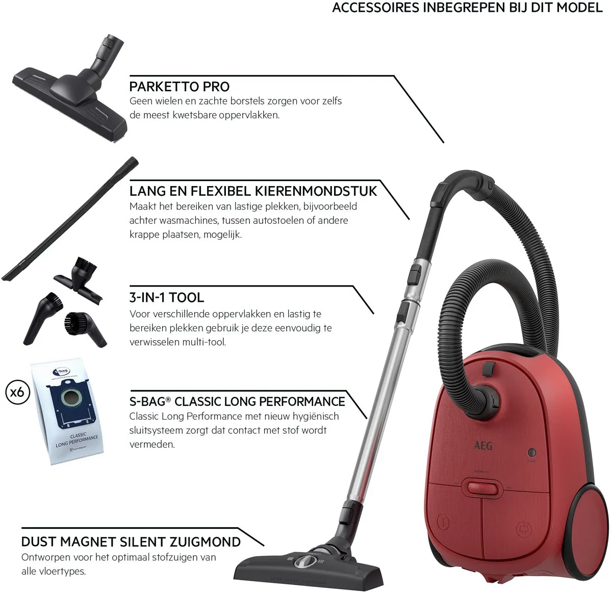 AEG AB61C3CR Stofzuiger - 750W - 3,5L - Rood/Zwart - afbeelding 6 van 6