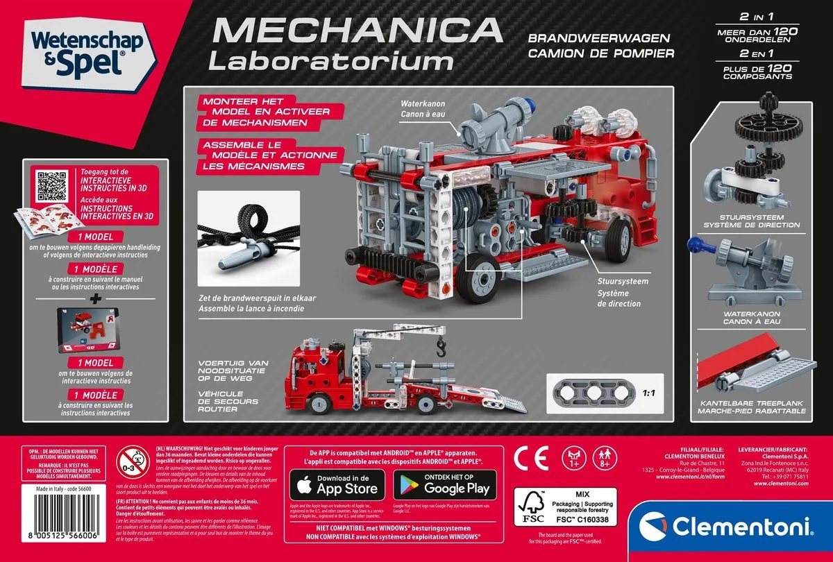 Clementoni Mechanica Brandweerwagen Kit 120 Onderdelen - Rood - afbeelding 6 van 6