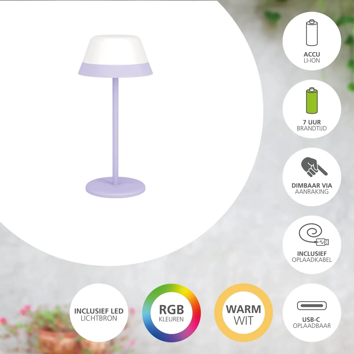 Eglo Meggiano Tafellamp - 2 Lichtpunten - 3000K - Oplaadbaar - Lila/Wit