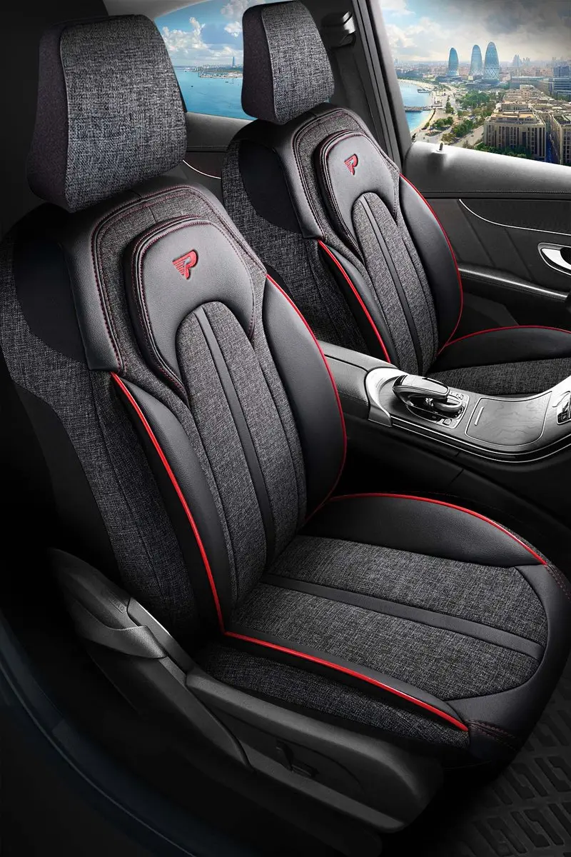Panda Stoelhoezen Renault 25 1984-1992 - Sevilla Antraciet/Rood - Voorstoelenset