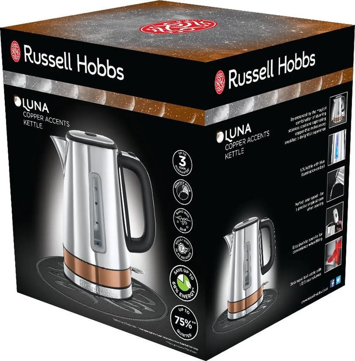 Russell Hobbs Luna Copper Waterkoker 2400W 1.7L - Zilver/Koper