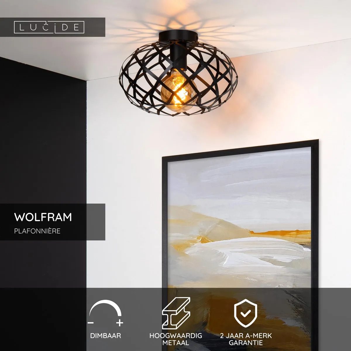 Lucide WOLFRAM Plafondlamp Ø30cm - Zwart