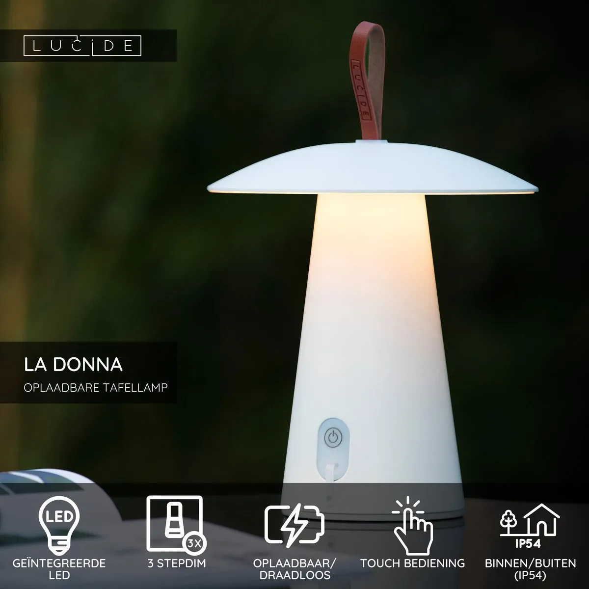 Lucide LA DONNA Oplaadbare Tafellamp - Ø19,7cm LED 2W 2700K - Wit