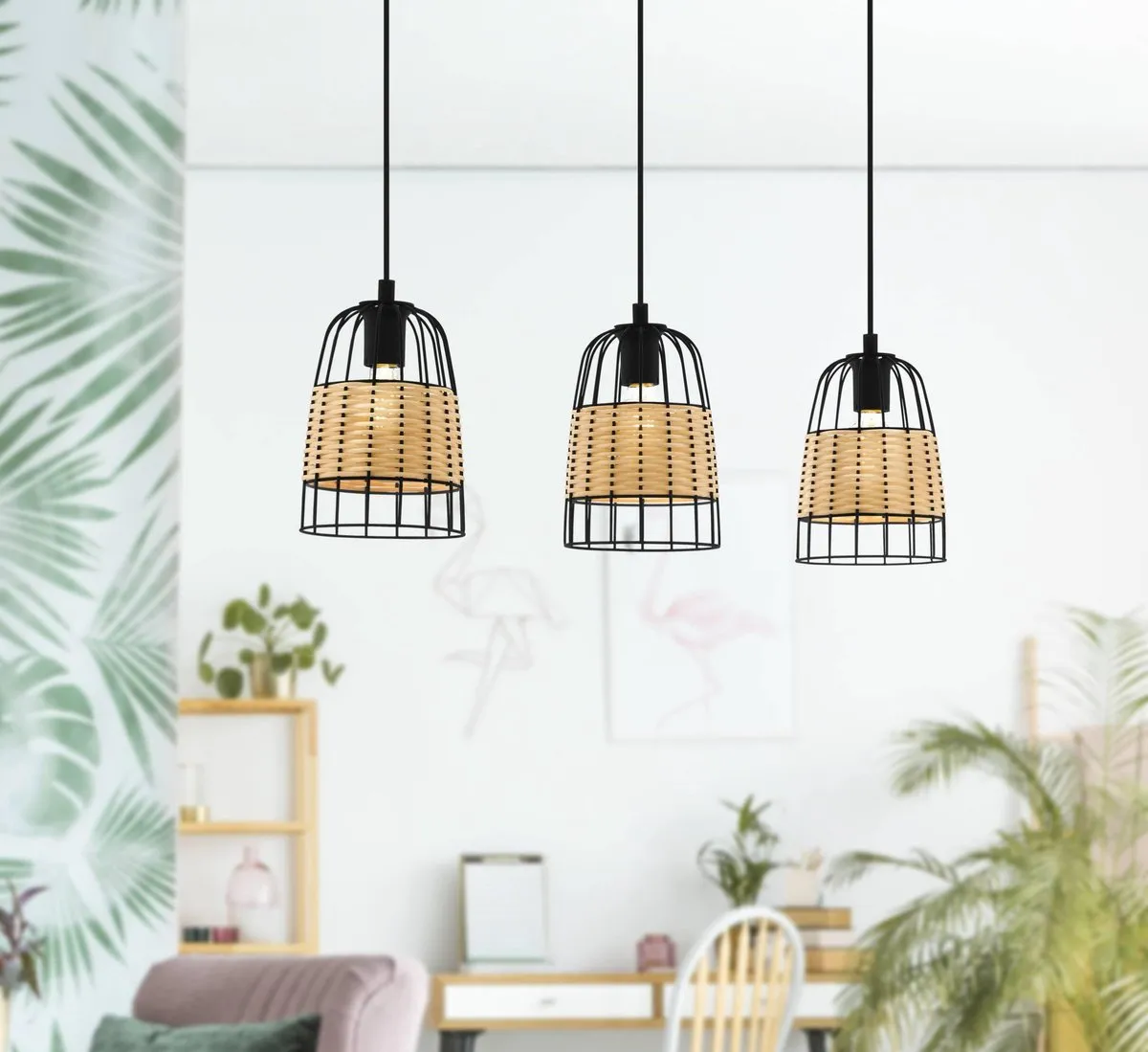 Eglo Anwick Hanglamp E27 - 88cm - Zwart/Rotan