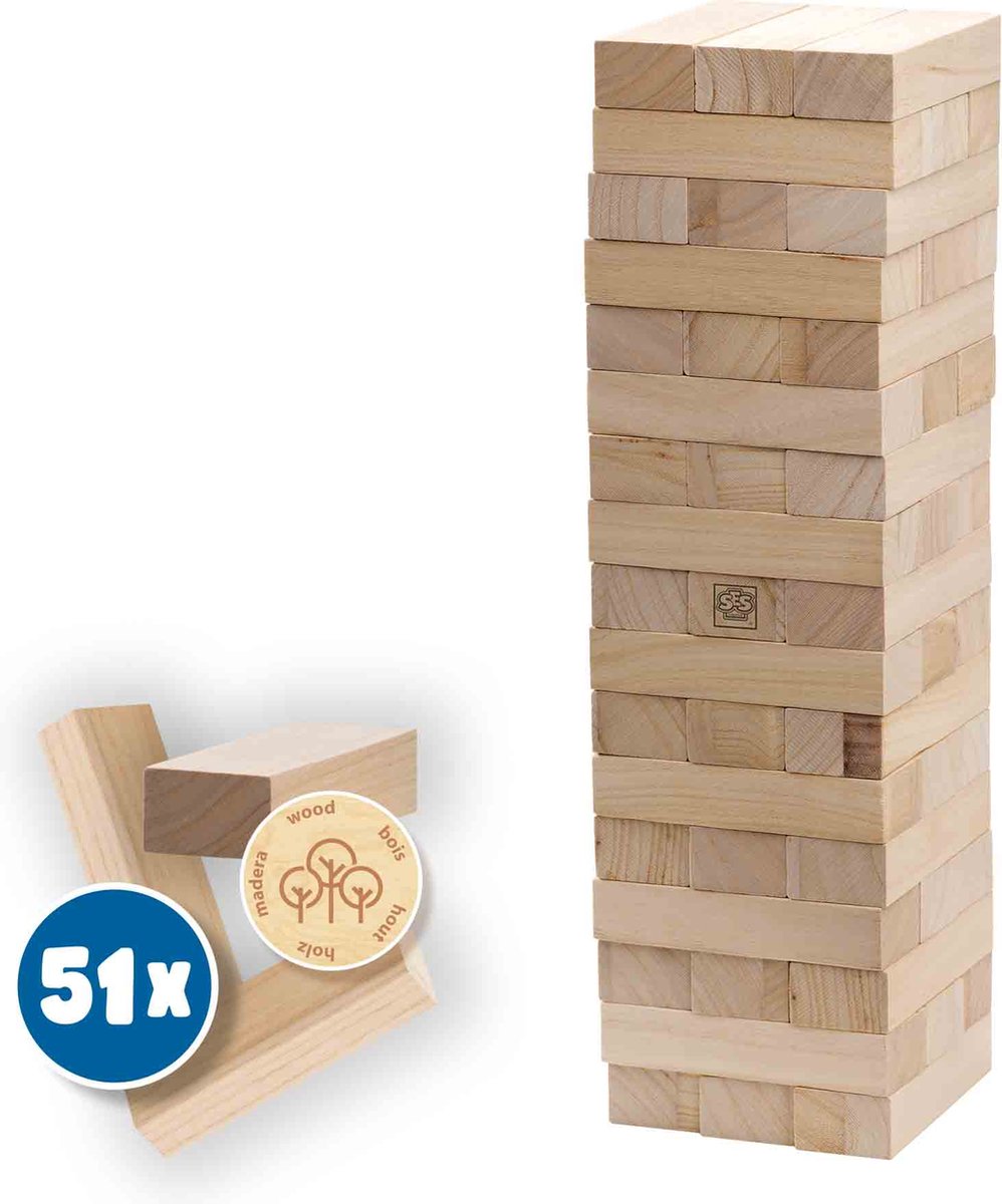 SES - Tuimeltoren XXL - 51 delige set met grote houten blokken - gemaakt van stevige materialen voor buiten spelen