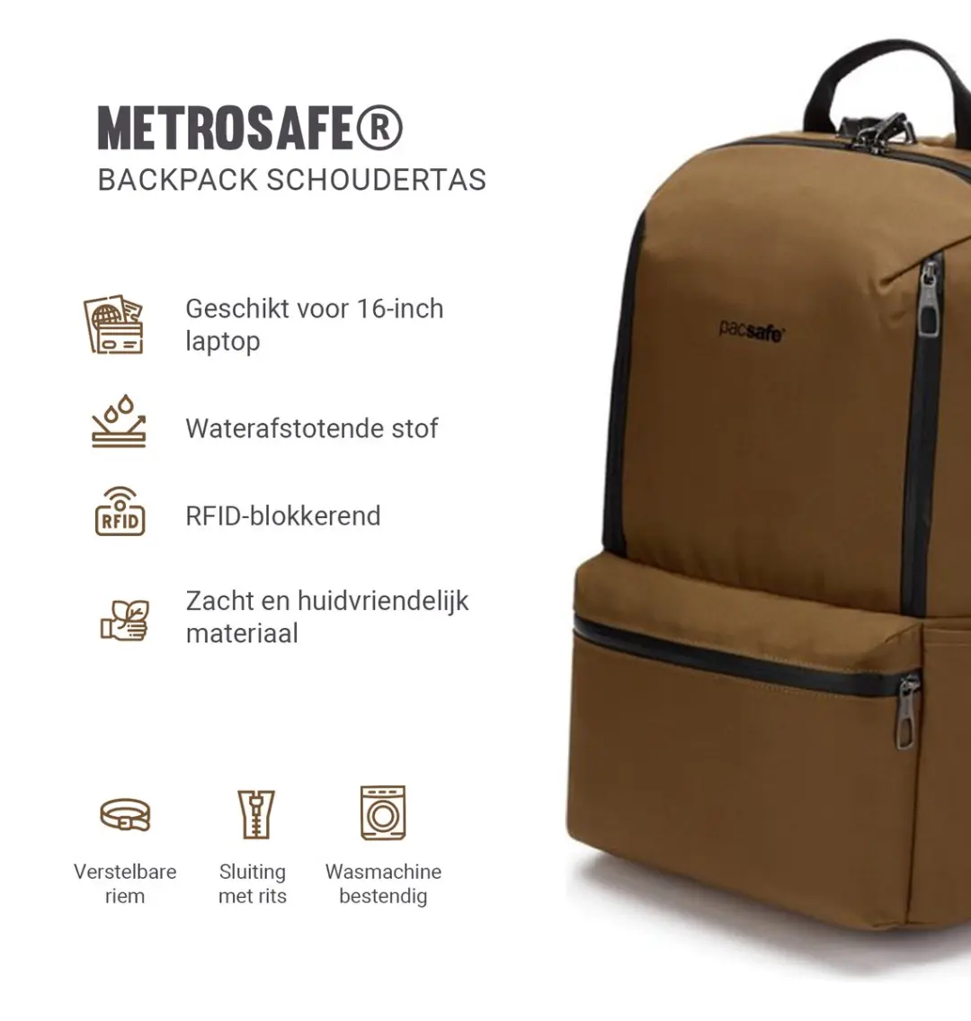 Pacsafe Metrosafe X Rugzak 20L - RFID-blokkerend - Lichtbruin