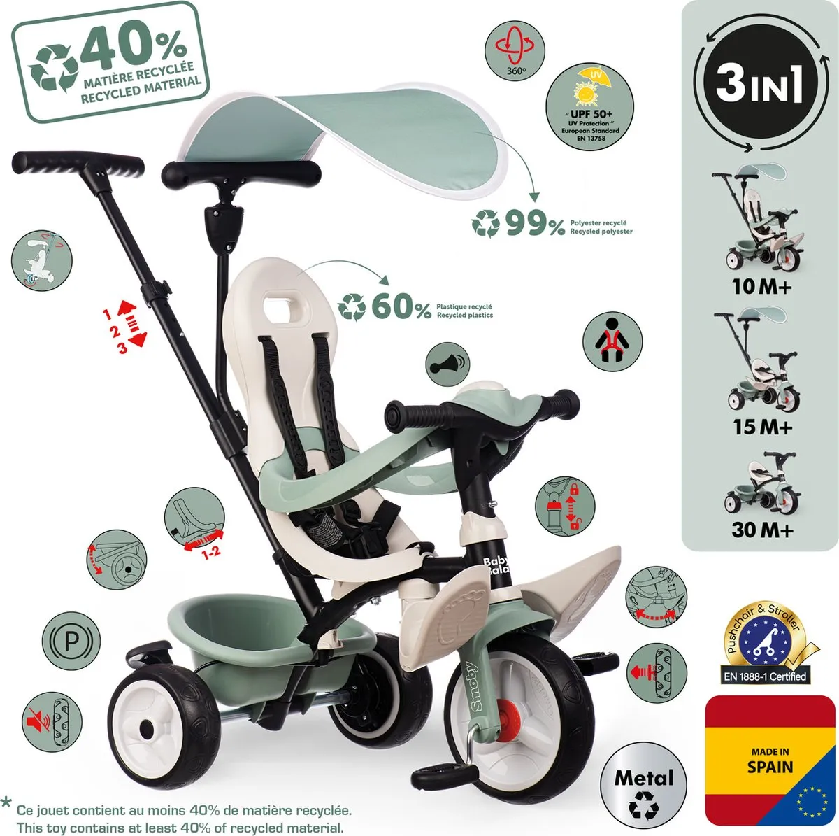 Smoby Life Baby Balade Driewieler - 10+ maanden - Groen/Zwart/Beige - afbeelding 6 van 6