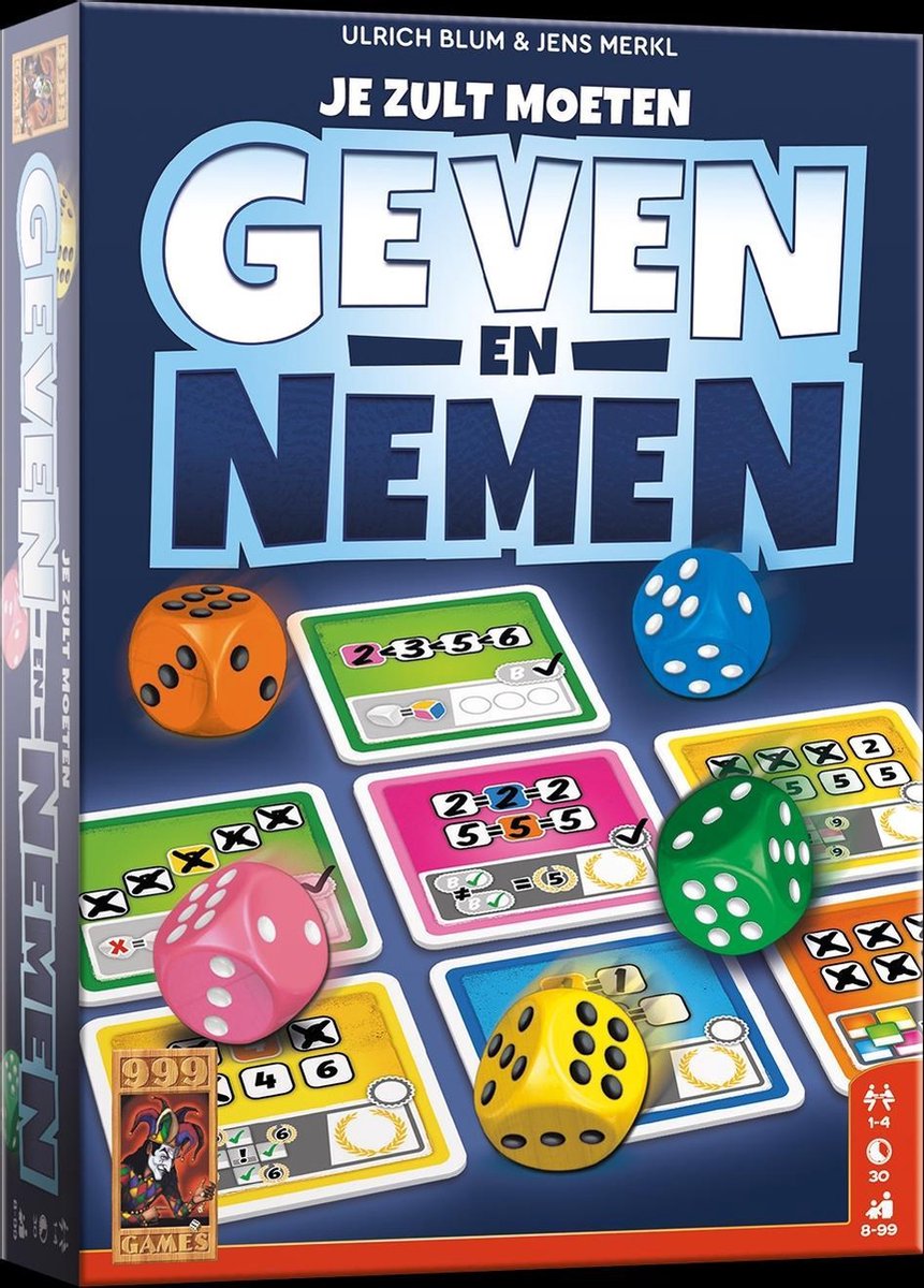 999 Games - Geven en Nemen - Dobbelspel - Uniek spelmechanisme - Met afwasbare kaarten en viltstiften - Familiespel - Gezelschapsspel - Klein cadeautje