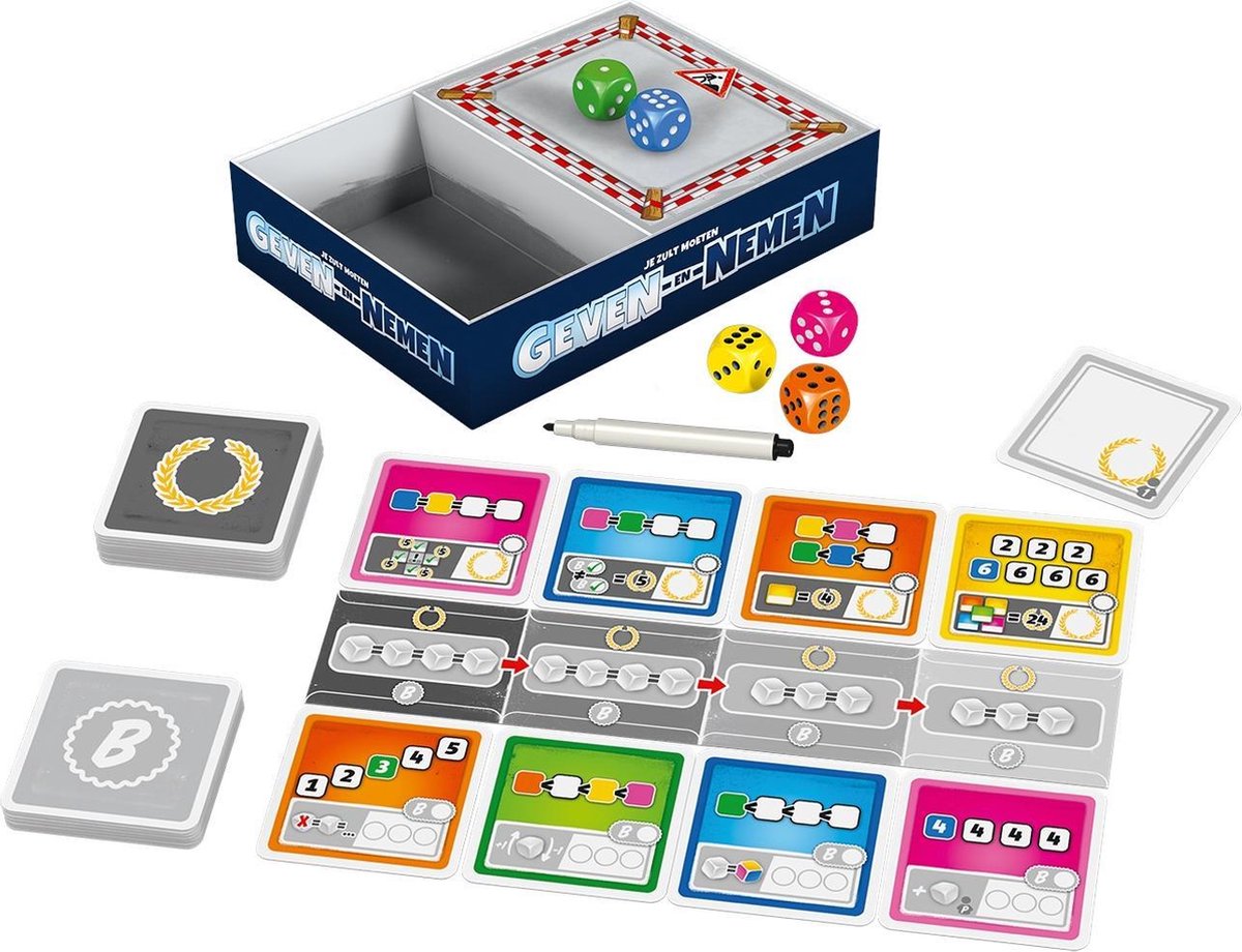 999 Games - Geven en Nemen - Dobbelspel - Uniek spelmechanisme - Met afwasbare kaarten en viltstiften - Familiespel - Gezelschapsspel - Klein cadeautje