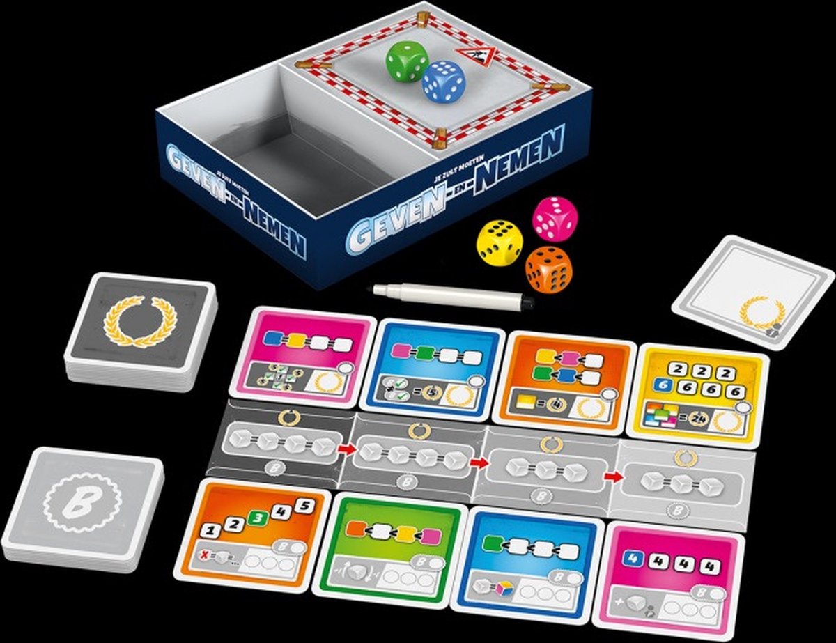 999 Games - Geven en Nemen - Dobbelspel - Uniek spelmechanisme - Met afwasbare kaarten en viltstiften - Familiespel - Gezelschapsspel - Klein cadeautje