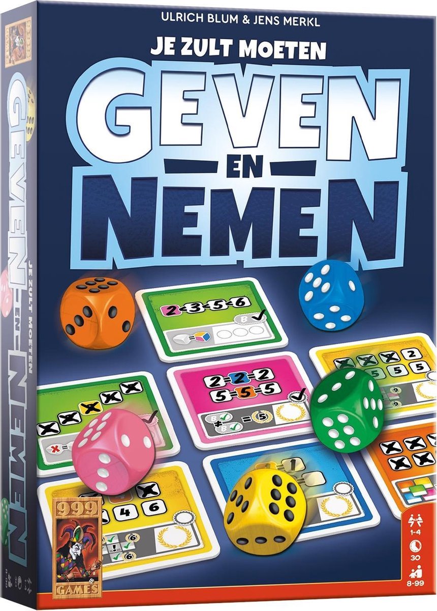999 Games - Geven en Nemen - Dobbelspel - Uniek spelmechanisme - Met afwasbare kaarten en viltstiften - Familiespel - Gezelschapsspel - Klein cadeautje