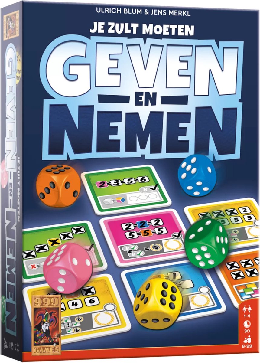 999 Games - Geven en Nemen - Dobbelspel - Uniek spelmechanisme - Met afwasbare kaarten en viltstiften - Familiespel - Gezelschapsspel - Klein cadeautje