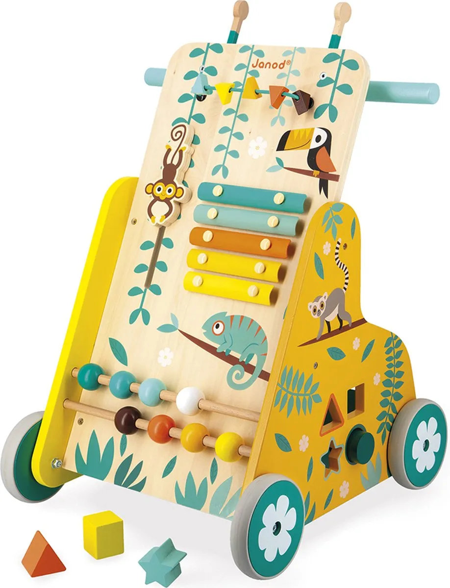 Janod Tropik Houten Looptrainer - 6 Activiteiten - Geel/ Groen