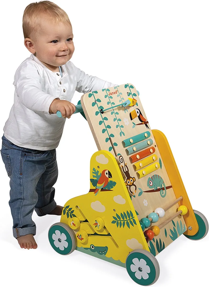 Janod Tropik Houten Looptrainer - 6 Activiteiten - Geel/ Groen