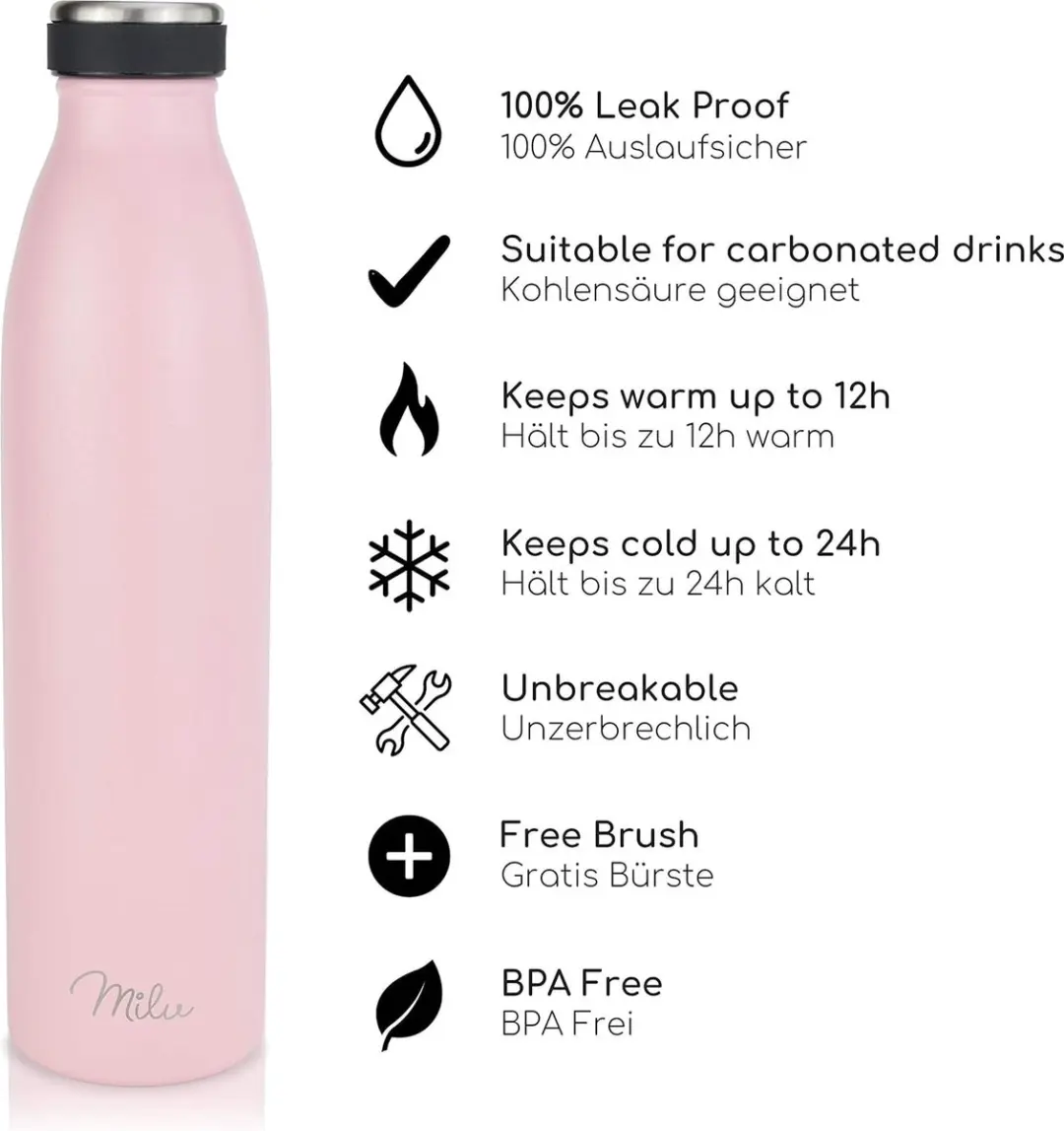 Milu Roestvrij Staal Waterfles 500ml - Roze - afbeelding 3 van 6