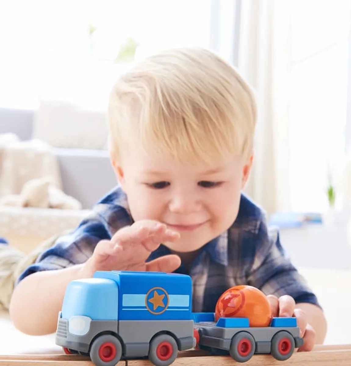 Haba Kullerbü Knikkerbaan Vrachtwagen met Aanhangwagen - Blauw - afbeelding 2 van 6