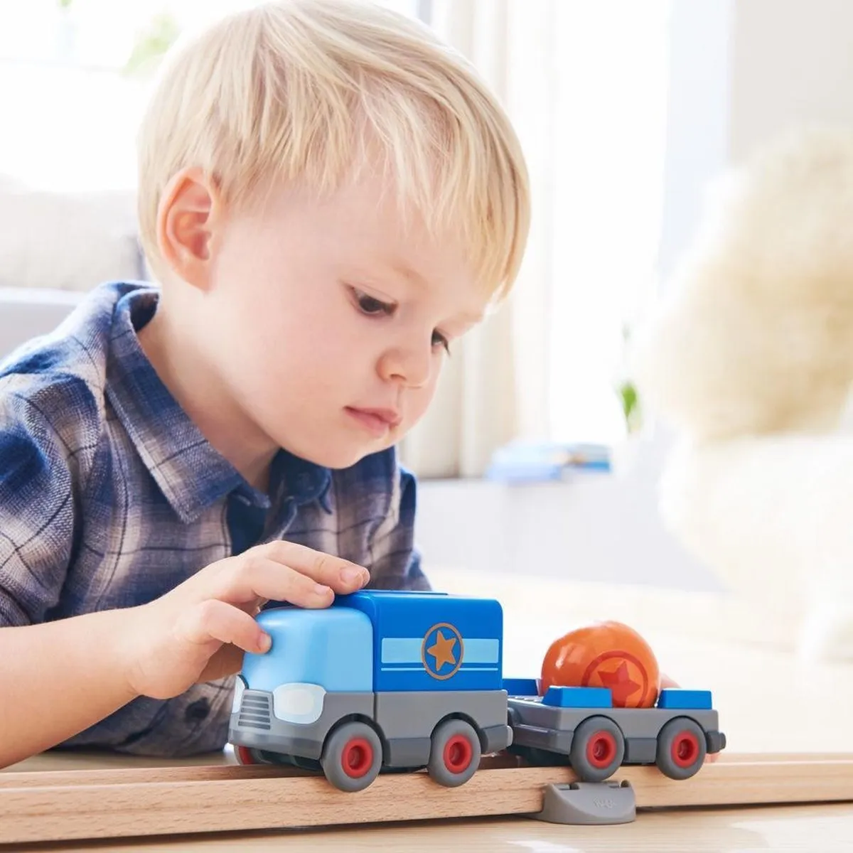 Haba Kullerbü Knikkerbaan Vrachtwagen met Aanhangwagen - Blauw - afbeelding 3 van 6