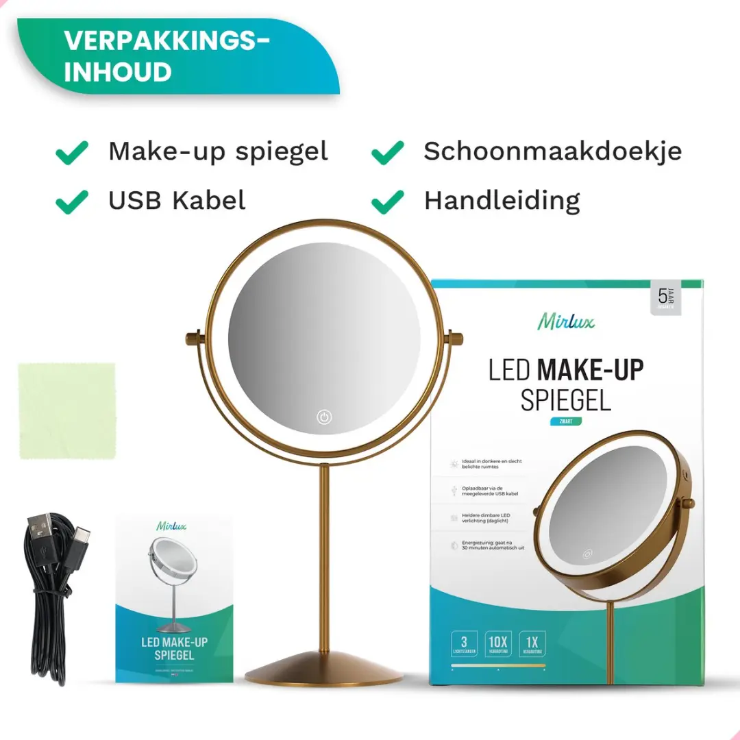 Mirlux Make-up Spiegel 10x Goud - Oplaadbaar - 4 Stuks