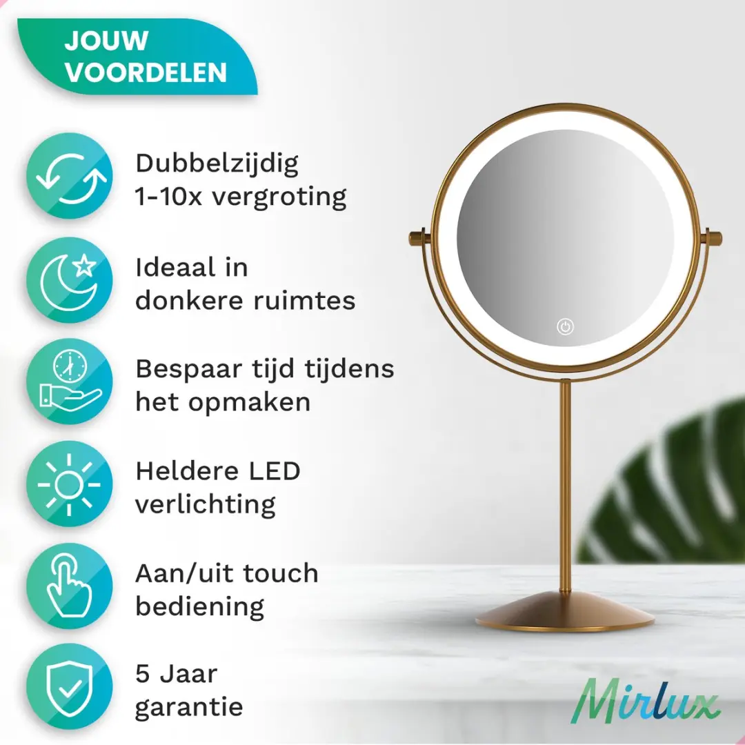 Mirlux Make-up Spiegel 10x Goud - Oplaadbaar - 4 Stuks