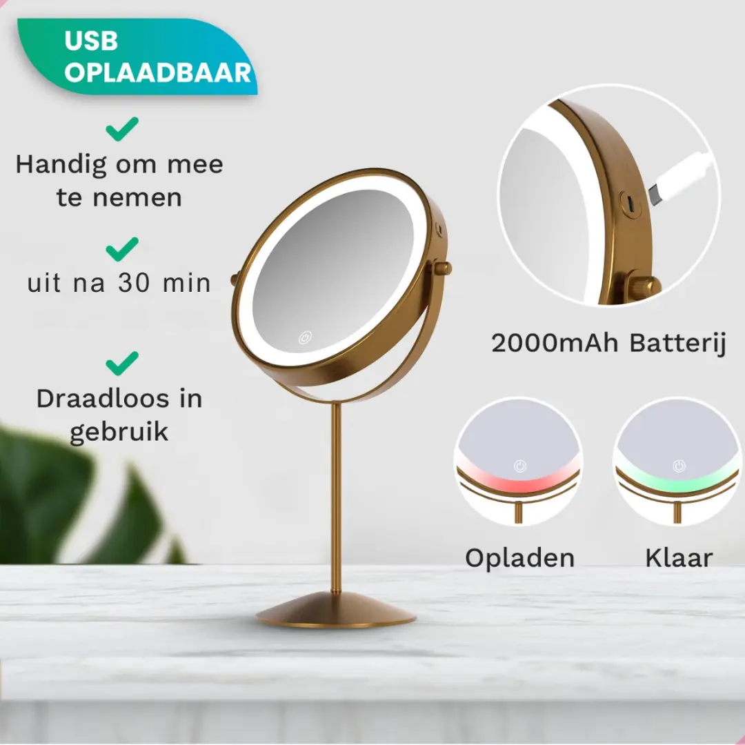 Mirlux Make-up Spiegel 10x Goud - Oplaadbaar - 4 Stuks