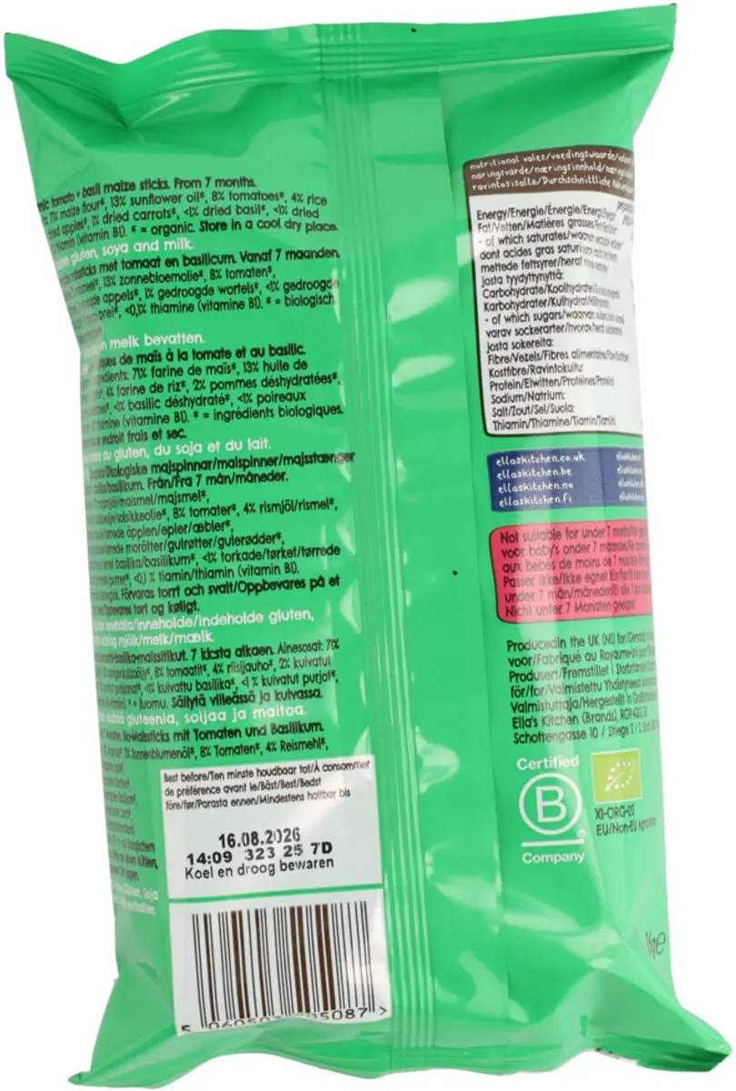 Ella’s Kitchen Biologisch Mais Sticks 7+ Tomaat & Basilicum