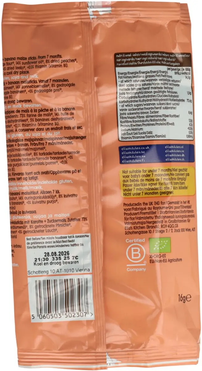 Ella’s Kitchen Gepofte Smikkelstengels 7+ Perzik Banaan - 80g