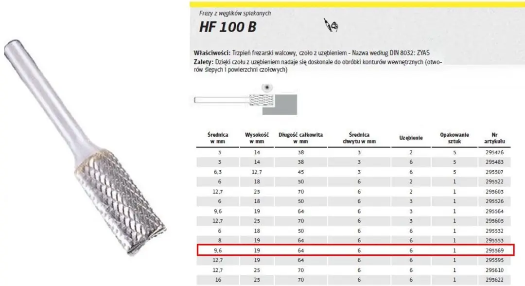 Klingspor HF 100 B Frees voor Metaal 9.6mm