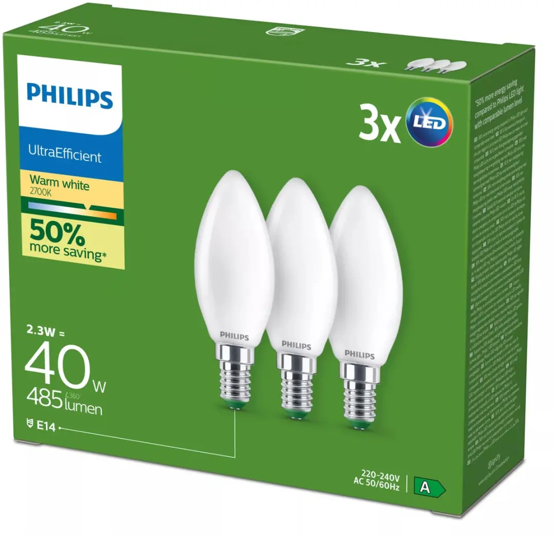 Philips Filamentkaarslamp mat 40W B35 E14 x3