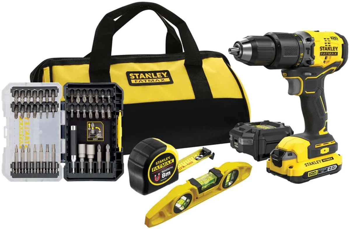 STANLEY FATMAX V20 18V Brushless Schroef-/klopboormachine + Rolmeter, Waterpas en Bitset in softbag (met 2.0Ah accu en lader) SFMCK101D1S-QW