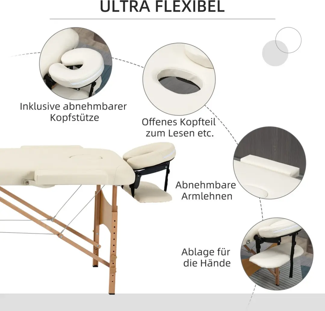 Homcom Massagetisch Buchenhout Kunstleder 185x60cm Cremewit - afbeelding 6 van 6