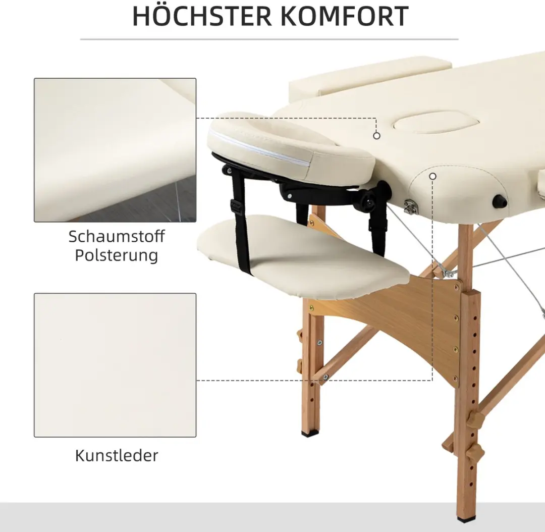 Homcom Massagetisch Buchenhout Kunstleder 185x60cm Cremewit