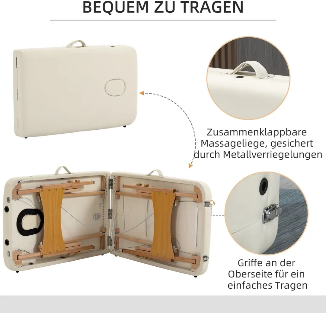 Homcom Massagetisch Buchenhout Kunstleder 185x60cm Cremewit