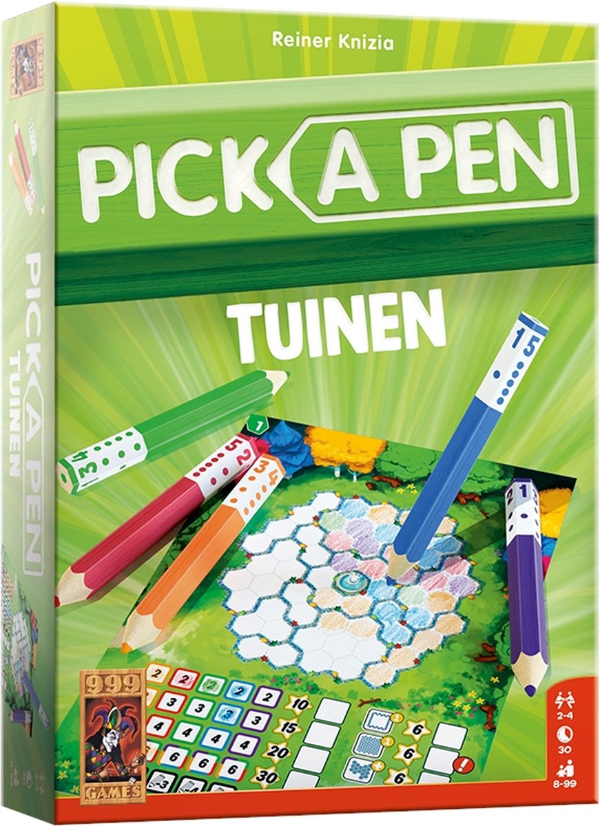 999 Games - Pick a Pen - Tuinen - Dobbelspel - Dobbelen met potloden - Scorevellen van 3 verschillende niveaus - Gezelschapsspel - Familiespel - Klein cadeautje - bevat spelregels in NL en EN