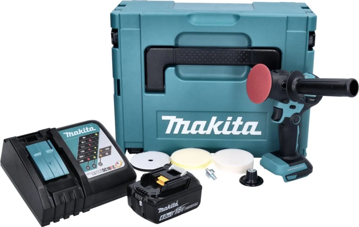Makita DPV 300 RG1J Accuschuurmachine polijstmachine 18 V 50 / 80 mm borstelloos + 1x oplaadbare accu 6.0 Ah + lader + Makpac